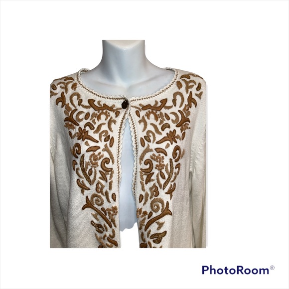 Coldwater Creek Cardigan Sweater. Embroidered. Cream with gold/tan accent Small - Picture 3 of 14